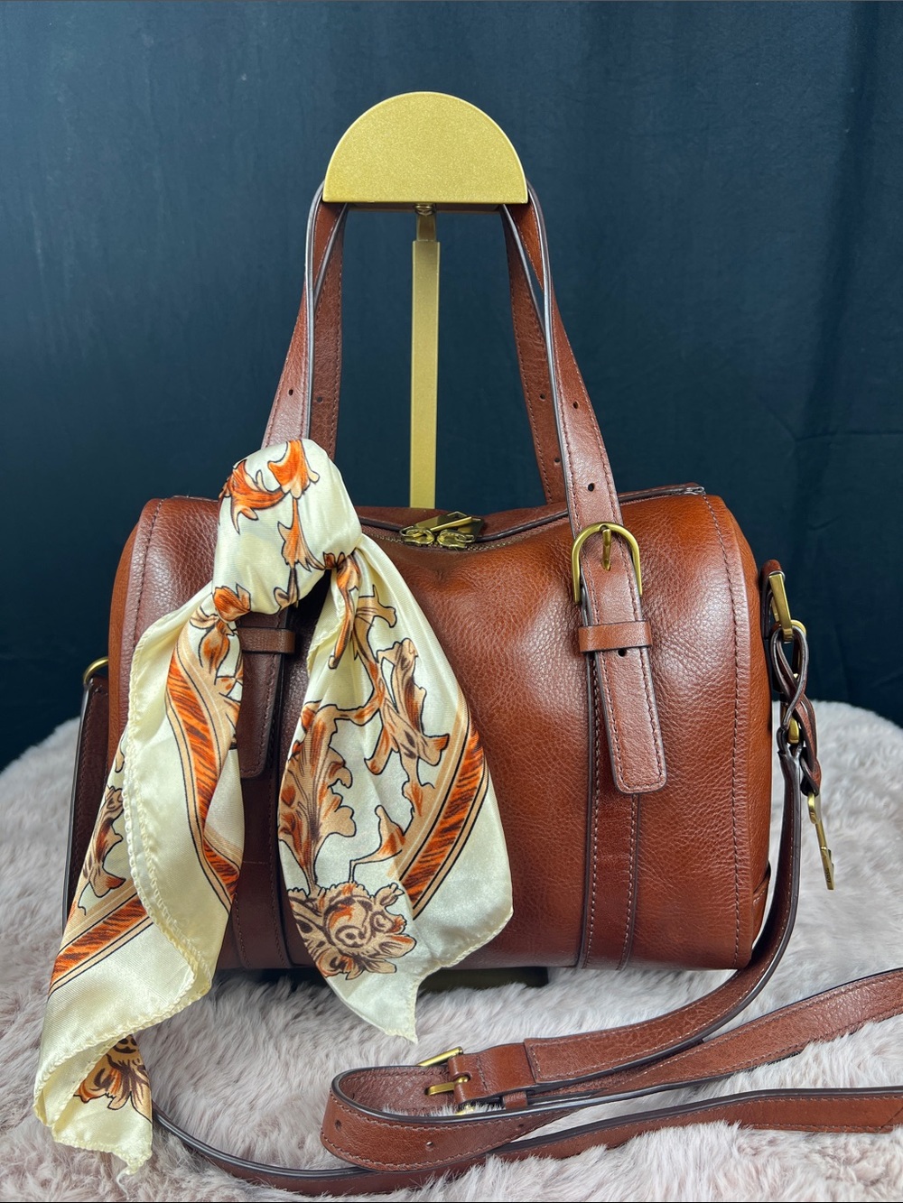 Fossil Carlie Leather Satchel Brown Cognac Crossbody Bag ZB1772